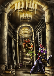 Size: 1237x1750 | Tagged: safe, artist:jamescorck, character:moondancer, species:pony, species:unicorn, adeptus administratum, archive, augmented, book, candle, chandelier, clothing, crossover, glasses, ladder, library, robe, scroll, servo skull, spider web, warhammer (game), warhammer 40k