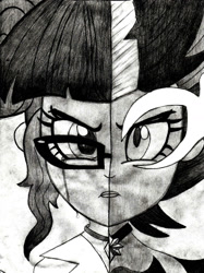 Size: 1275x1707 | Tagged: safe, artist:abstracted_vhs, artist:wubcakeva, character:midnight sparkle, character:twilight sparkle, character:twilight sparkle (scitwi), species:eqg human, my little pony:equestria girls, alternate universe, audio drama, black and white, crying, duality, grayscale, midnight sparkle, monochrome, pencil drawing, sad, split screen, traditional art, two sides