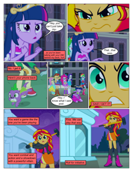 Size: 612x792 | Tagged: safe, artist:greatdinn, artist:newbiespud, edit, edited screencap, screencap, character:applejack, character:fluttershy, character:pinkie pie, character:rainbow dash, character:rarity, character:spike, character:sunset shimmer, character:twilight sparkle, species:dog, comic:friendship is dragons, equestria girls:equestria girls, g4, my little pony: equestria girls, my little pony:equestria girls, angry, annoyed, big crown thingy, clothing, comic, dialogue, element of magic, female, hammer, humane five, humane six, jewelry, night, regalia, screencap comic, spike the dog