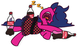 Size: 1400x850 | Tagged: safe, artist:threetwotwo32232, oc, oc only, oc:fizzy pop, clothing, coke, dress, onomatopoeia, simple background, sleeping, snoring, soda, solo, sound effects, transparent background, zzz