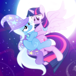 Size: 590x590 | Tagged: safe, artist:pixelkitties, edit, character:trixie, character:twilight sparkle, character:twilight sparkle (alicorn), species:alicorn, species:pony, species:unicorn, ship:twixie, cape, clothing, cropped, female, hat, lesbian, moon, night, shipping, trixie's cape, trixie's hat