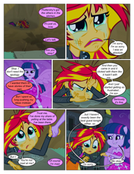 Size: 612x792 | Tagged: safe, artist:greatdinn, artist:newbiespud, edit, edited screencap, screencap, character:sunset shimmer, character:twilight sparkle, comic:friendship is dragons, equestria girls:equestria girls, g4, my little pony: equestria girls, my little pony:equestria girls, clothing, comic, crying, dialogue, female, holding hands, injured, looking up, screencap comic