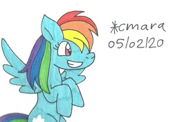 Size: 887x629 | Tagged: safe, artist:cmara, character:rainbow dash, species:pegasus, species:pony, cute, dashabetes, excited, female, mare, smiling, solo, traditional art, wings