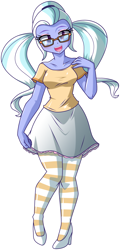 Size: 1633x3393 | Tagged: safe, artist:danmakuman, edit, character:sugarcoat, my little pony:equestria girls, alternate costumes, clothing, cute, female, glasses, high heels, looking at you, pantyhose, pigtails, shoes, simple background, skirt, skirt pull, smiling, socks, solo, striped socks, sugarcute, transparent background