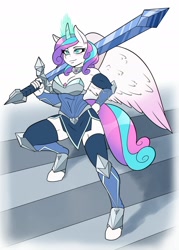 Size: 1024x1434 | Tagged: safe, artist:ambris, character:princess flurry heart, species:alicorn, species:anthro, species:pony, species:unguligrade anthro, armor, armpits, bare shoulders, biceps, big breasts, blushing, boots, bracer, breasts, busty princess flurry heart, cleavage, confident, curved horn, ear piercing, fantasy class, female, flurry heart pearl of battle, greatsword, heart, hooves, horn, jewelry, muscles, muscular female, necklace, older, older flurry heart, piercing, pose, shoes, shoulderless, solo, stairs, sword, thigh boots, thighs, tight clothing, unconvincing armor, warrior, weapon, zettai ryouiki