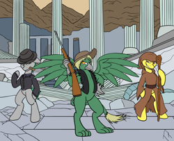 Size: 1476x1200 | Tagged: safe, artist:linedraweer, oc, oc only, oc:arcturus, oc:don crackshot, oc:patriarch emilius, species:griffon, species:pony, fallout equestria, bipedal, cigarette, cloak, clothing, commission, fallout, fedora, griffon oc, guard, gun, hat, rifle, ruins, smoking, solo, staff, suit, weapon