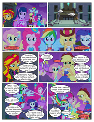 Size: 612x792 | Tagged: safe, artist:greatdinn, artist:newbiespud, edit, edited screencap, screencap, character:applejack, character:fluttershy, character:pinkie pie, character:rainbow dash, character:rarity, character:sunset shimmer, character:twilight sparkle, comic:friendship is dragons, equestria girls:equestria girls, g4, my little pony: equestria girls, my little pony:equestria girls, clothing, collaboration, comic, dialogue, ears, female, hat, humane five, humane six, ponied up, screencap comic, shrug, smiling, wings