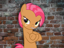 Size: 2437x1845 | Tagged: safe, artist:slb94, character:babs seed, brick wall, cigarette, crossed hooves, smoking