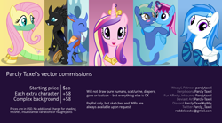 Size: 9000x5000 | Tagged: safe, artist:parclytaxel, character:fluttershy, character:princess cadance, oc, oc:mordyling, oc:nova spark, oc:ocelli, oc:parcly taxel, oc:winter white, species:alicorn, species:changeling, species:lamia, species:pegasus, species:pony, species:reformed changeling, .svg available, absurd resolution, advertisement, ain't never had friends like us, albumin flask, alicorn oc, changedling oc, changeling hive, changeling oc, clothing, commission info, female, flower, flower in hair, genie, genie pony, horn, hug, looking at you, magic, male, mare, monster mare, monster pony, open mouth, original species, rearing, smiling, socks, striped socks, tatzlpony, vector, wings