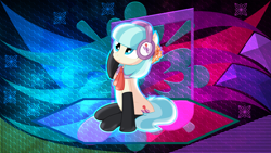 Size: 5120x2880 | Tagged: safe, artist:cyanlightning, artist:laszlvfx, edit, character:coco pommel, species:earth pony, species:pony, clothing, cocobetes, cute, female, headphones, mare, sitting, smiling, socks, solo, wallpaper, wallpaper edit