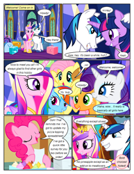 Size: 612x792 | Tagged: safe, artist:newbiespud, edit, edited screencap, screencap, character:applejack, character:fluttershy, character:pinkie pie, character:princess cadance, character:rarity, character:shining armor, character:twilight sparkle, character:twilight sparkle (unicorn), species:earth pony, species:pegasus, species:pony, species:unicorn, comic:friendship is dragons, episode:the one where pinkie pie knows, g4, my little pony: friendship is magic, comic, dialogue, eyelashes, eyes closed, female, male, mare, open mouth, screencap comic, smiling, stallion, suitcase, unshorn fetlocks