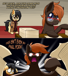 Size: 1280x1442 | Tagged: safe, artist:clouddg, oc, oc:melony, oc:rubik, species:pony, clothing, cosplay, costume, female, glasses, male, mare, paper, pun, stallion