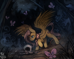 Size: 1400x1124 | Tagged: safe, artist:foxinshadow, character:fluttershy, species:pegasus, species:pony, bone, butterfly, commission, corpse, everfree forest, fanfic art, female, mare, skeleton, spirit