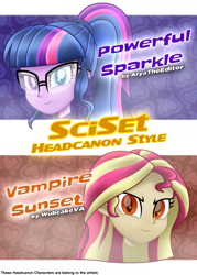 Size: 2500x3500 | Tagged: safe, artist:aryatheeditor, artist:wubcakeva, character:sunset shimmer, character:twilight sparkle, character:twilight sparkle (scitwi), species:eqg human, ship:scitwishimmer, ship:sunsetsparkle, my little pony:equestria girls, digital art, female, geode of empathy, geode of telekinesis, glass, glasses, head, headcanon, heterochromia, lesbian, looking at you, magical geodes, powerful sparkle, shipping, vampire, vampire shimmer