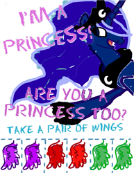 Size: 1111x1437 | Tagged: safe, artist:pixelkitties, edit, character:princess luna, species:alicorn, species:pony, crayon, crayon drawing, female, flyer, green wings, i'm a princess are you a princess too?, mare, pointing, purple wings, recolor, red wings, smiling, text, traditional art, wings