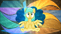 Size: 5120x2880 | Tagged: safe, artist:laszlvfx, artist:tardifice, edit, character:sunshower raindrops, species:pegasus, species:pony, abstract background, absurd resolution, confused, cute, desktop background, female, high res, looking at you, mare, rain, shocked, shocked expression, sitting, solo, spread wings, wallpaper, wallpaper edit, water drops, wings