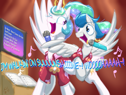 Size: 2048x1536 | Tagged: safe, artist:frist44, character:princess celestia, oc, oc:dreamy daze, species:alicorn, species:pegasus, species:pony, alternate hairstyle, canon x oc, clothing, dreamlestia, hawaiian shirt, karaoke, katrina and the waves, magic, magic aura, microphone, shirt, singing, song reference, walking on sunshine, wing hands, wing hold, wings