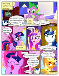 Size: 612x792 | Tagged: safe, artist:newbiespud, edit, edited screencap, screencap, character:applejack, character:princess cadance, character:shining armor, character:spike, character:twilight sparkle, character:twilight sparkle (unicorn), species:dragon, species:earth pony, species:pony, species:unicorn, comic:friendship is dragons, clothing, comic, dialogue, female, freckles, hat, male, mare, open mouth, screencap comic, sitting, stallion, tired, yawn