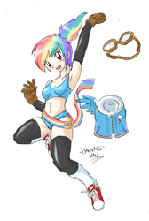 Size: 2213x3299 | Tagged: safe, artist:danmakuman, character:rainbow dash, armpits, belly button, cleavage, clothing, converse, female, humanized, midriff, shoes, sneakers, sports bra