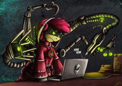 Size: 1500x1060 | Tagged: safe, artist:jamescorck, character:apple bloom, species:earth pony, species:pony, adeptus mechanicus, alienware, annoyed, clothing, computer, crossover, female, laptop computer, mare, mechadendrites, older, robe, solo, techpriest, warhammer (game), warhammer 40k