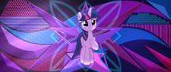 Size: 3440x1440 | Tagged: safe, artist:andoanimalia, artist:laszlvfx, edit, character:twilight sparkle, character:twilight sparkle (alicorn), species:alicorn, species:pony, female, folded wings, hoof on chest, mare, smiling, solo, wallpaper, wallpaper edit, wings