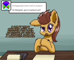 Size: 977x800 | Tagged: safe, artist:clouddg, oc, oc only, oc:marigold, species:earth pony, species:pony, ask pun, ask, female, looking at you, mare, solo