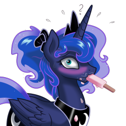 Size: 8000x8000 | Tagged: safe, alternate version, artist:kp-shadowsquirrel, artist:parclytaxel, derpibooru original, character:princess luna, species:alicorn, species:pony, .svg available, absurd resolution, alternate hairstyle, background removed, blushing, cute, eating, embarrassed, female, food, looking at you, lunabetes, mare, messy eating, plewds, ponytail, popsicle, question mark, scrunchy face, shading, simple background, solo, sucking, surprised, sweat, transparent background, vector, wide eyes