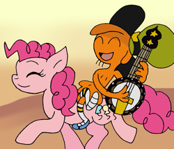 Size: 1037x893 | Tagged: safe, artist:cmara, character:pinkie pie, species:earth pony, species:pony, banjo, crossover, cute, diapinkes, digital art, disney, eyes closed, female, mare, musical instrument, paint tool sai, trotting, wander (wander over yonder), wander over yonder