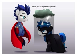 Size: 800x583 | Tagged: safe, artist:jhayarr23, oc, oc only, oc:sparky storm, oc:switch, species:pony, batman, clothing, cloud, cosplay, costume, female, male, mare, stallion, superman
