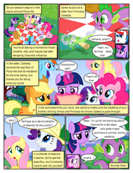 Size: 612x792 | Tagged: safe, artist:newbiespud, edit, edited screencap, screencap, character:applejack, character:fluttershy, character:pinkie pie, character:princess cadance, character:rainbow dash, character:rarity, character:shining armor, character:spike, character:twilight sparkle, species:alicorn, species:dragon, species:earth pony, species:pegasus, species:pony, species:unicorn, comic:friendship is dragons, clothing, comic, dialogue, dragonfire, female, flying, freckles, glowing horn, hat, horn, magic, male, mane seven, mane six, mare, open mouth, picnic, picnic blanket, raised hoof, reading, screencap comic, scroll, sitting, slit eyes, stallion, telekinesis