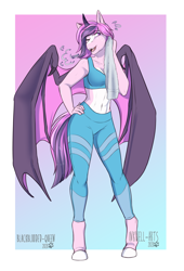 Size: 2648x3893 | Tagged: safe, artist:jc_bbqueen, oc, oc only, oc:battica, species:alicorn, species:anthro, species:bat pony, species:pony, species:unguligrade anthro, alicorn oc, anthro oc, bat pony alicorn, bat pony oc, bat wings, belly button, clothing, commission, digital art, fangs, female, horn, leg warmers, leggings, mare, markings, midriff, pale belly, smiling, solo, sports bra, sports pants, towel, wings, workout outfit