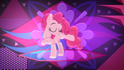 Size: 3840x2160 | Tagged: safe, artist:illumnious, artist:laszlvfx, edit, character:pinkie pie, species:earth pony, species:pony, abstract background, balancing, cute, eyes closed, female, high res, mare, raised eyebrow, smiling, solo, wallpaper, wallpaper edit