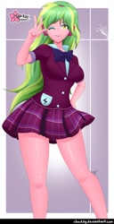 Size: 524x1024 | Tagged: safe, alternate version, artist:clouddg, edit, editor:thomasfan45, character:lemon zest, my little pony:equestria girls, bow tie, breasts, busty lemon zest, clothing, crystal prep academy uniform, female, headphones, legs, looking at you, one eye closed, plaid skirt, school uniform, skirt, smiling, solo, thighs, waving, wink