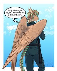 Size: 2647x3309 | Tagged: safe, alternate version, artist:jc_bbqueen, oc, oc only, oc:bronze bulwark, species:anthro, species:pony, anthro oc, baton, cloud, commission, dialogue, digital art, female, looking back, mare, police officer, police uniform, rear view, sky, solo, speech bubble, unamused