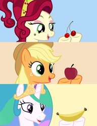 Size: 4600x6000 | Tagged: safe, artist:parclytaxel, character:applejack, character:cherry jubilee, character:princess celestia, species:alicorn, species:earth pony, species:pony, .svg available, absurd resolution, apple, banana, bananalestia, cherry, female, food, herbivore, hoof hold, mare, open mouth, pixiv, smiling, vector