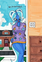 Size: 1969x2910 | Tagged: safe, artist:newyorkx3, character:trixie, species:anthro, species:pony, species:unicorn, alternate hairstyle, babysitter trixie, bedroom eyes, bottomless, clothing, door, female, hoodie, house, looking at you, open mouth, partial nudity, solo, traditional art