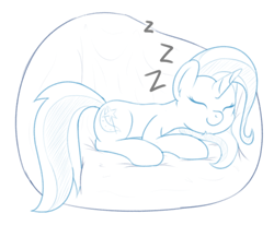 Size: 858x708 | Tagged: safe, artist:djdavid98, derpibooru original, character:trixie, species:pony, species:unicorn, newbie artist training grounds, atg 2020, beanbag chair, colored sketch, eyes closed, female, horn, simple background, sketch, sleeping, solo, white background