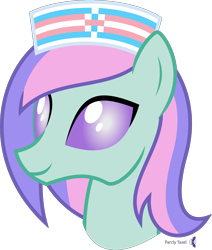 Size: 4000x4717 | Tagged: safe, artist:parclytaxel, oc, oc only, oc:blissy, species:changeling, species:reformed changeling, .svg available, absurd resolution, bust, clothing, commission, female, hat, nurse hat, pride, pride flag, simple background, smiling, solo, transgender pride flag, transparent background, vector