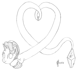 Size: 1329x1200 | Tagged: safe, artist:parclytaxel, character:starlight glimmer, series:nightliner, bottle, bracelet, female, genie, genie pony, geniefied, heart, jewelry, lineart, long glimmer, long pony, looking at you, monochrome, pencil drawing, smiling, solo, traditional art