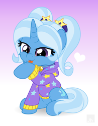 Size: 5000x6414 | Tagged: safe, artist:jhayarr23, part of a set, character:trixie, species:pony, species:unicorn, absurd resolution, alternate hairstyle, babysitter trixie, behaving like a cat, cheek fluff, clothing, cute, diatrixes, female, gameloft interpretation, heart, hoodie, hoof licking, leg fluff, licking, mare, pigtails, sitting, solo, tongue out