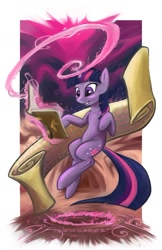Size: 825x1275 | Tagged: safe, artist:hobbes-maxwell, character:twilight sparkle, character:twilight sparkle (unicorn), species:pony, species:unicorn, book, female, grin, levitation, magic, magic circle, mare, runes, scroll, smiling, solo