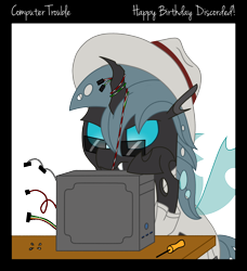 Size: 2100x2300 | Tagged: safe, artist:djdavid98, oc, oc only, oc:carbon copy, species:changeling, species:pony, birthday gift, border, cable, changeling oc, clothing, colored lineart, computer, glasses, hat, horn, screwdriver, screws, simple background, solo, table, text, transparent background, wings
