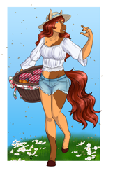 Size: 2531x3916 | Tagged: safe, artist:jc_bbqueen, oc, oc only, oc:honeypot meadow, species:anthro, species:earth pony, species:pony, species:unguligrade anthro, anthro oc, basket, bee, breasts, cleavage, clothing, digital art, earth pony oc, female, flower, hat, insect, jar, mare, ring, shorts, smiling, solo, wedding ring