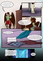 Size: 3472x4911 | Tagged: safe, artist:jc_bbqueen, oc, oc only, oc:dusk flame, species:anthro, species:pegasus, species:pony, species:unguligrade anthro, comic:be there, anthro oc, clothing, comic, dialogue, digital art, jewelry, male, pegasus oc, shorts, solo, speech bubble, stallion, telephone, wings
