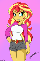 Size: 800x1220 | Tagged: safe, artist:ambris, editor:manchestersmash, character:sunset shimmer, my little pony:equestria girls, adorasexy, belt, breasts, busty sunset shimmer, camp everfree outfits, colored, colored background, cute, female, hand on hip, purple background, sexy, shimmerbetes, signature, simple background, solo, thighs