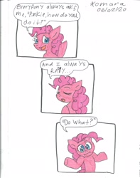 Size: 1700x2156 | Tagged: safe, artist:cmara, character:pinkie pie, species:earth pony, species:pony, dialogue, female, mare, shrug, shrugpony, simple background, solo, speech bubble, white background