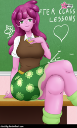 Size: 727x1196 | Tagged: safe, artist:clouddg, character:cheerilee, my little pony:equestria girls, breasts, busty cheerilee, chalkboard, classroom, crossed legs, female, legs, looking at you, school, sitting, solo