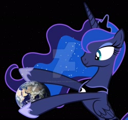 Size: 1920x1805 | Tagged: safe, artist:dashiesparkle, artist:princesslunayay, character:princess luna, species:alicorn, species:pony, cute, deviantart watermark, earth, female, giant pony, giantess, giga giant, happy, hug, lunabetes, macro, mega giant, mega luna, obtrusive watermark, planet, pony bigger than a planet, simple background, smiling, solo, space, tangible heavenly object, this will end in death, watermark