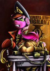 Size: 1060x1500 | Tagged: safe, artist:jamescorck, character:cheerilee, character:scootaloo, species:earth pony, species:pegasus, species:pony, angry, bolter, chainsword, clothing, commissar, cute, cutealoo, desk, female, filly, floppy ears, gritted teeth, guardsmare, gun, hat, imperial guard, laser gun, lasgun, mare, poster, royal guard, sleeping, sword, this will end in death, this will end in tears, this will end in tears and/or death, uniform, warhammer (game), warhammer 40k, weapon