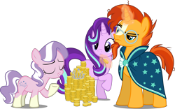 Size: 4150x2596 | Tagged: safe, artist:drakizora, artist:slb94, artist:sonofaskywalker, artist:tardifice, edit, editor:slayerbvc, character:diamond tiara, character:starlight glimmer, character:sunburst, species:earth pony, species:pony, species:unicorn, accessory-less edit, bits, clothing, coin, female, filly, glasses, jewelry, looking down, magic, male, mare, missing accessory, money, ponies wearing sunburst's socks, raised hoof, robe, simple background, skeptical, sockless sunburst, socks (coat marking), stallion, sunburst's glasses, sunburst's robe, tiara, transparent background, vector, vector edit